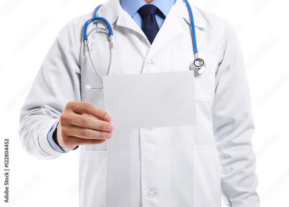 Male doctor holding paper on white background Male doctor holding paper on white background