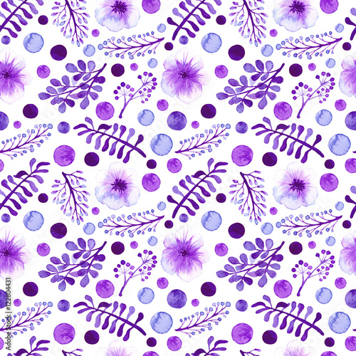 Watercolor Violet Leaves, Flowers And Spots Seamless Pattern
