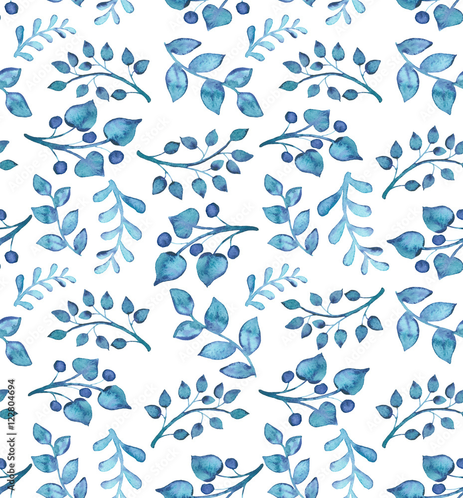 Seamless Pattern With Watercolor Light Blue Leaves and Berries Seamless Pattern With Watercolor Light Blue Leaves and Berries