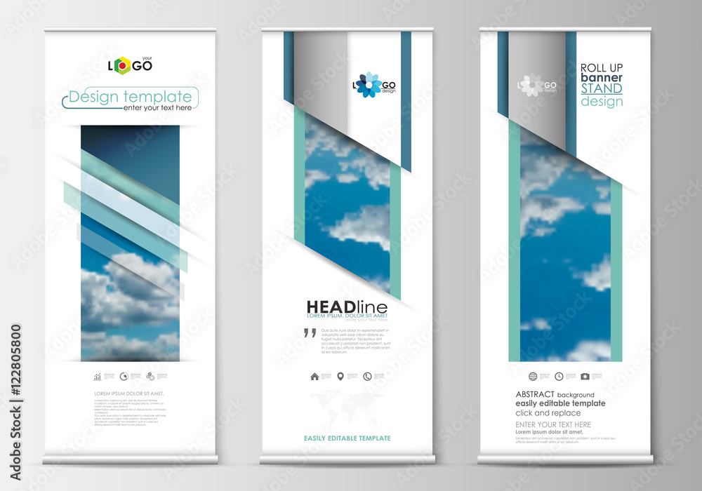 Set of roll up banner stands, blue flat design templates, abstract geometric style, modern business concept, corporate vertical vector flyers.