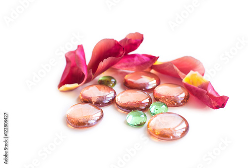 rose petals and glass stones isolated