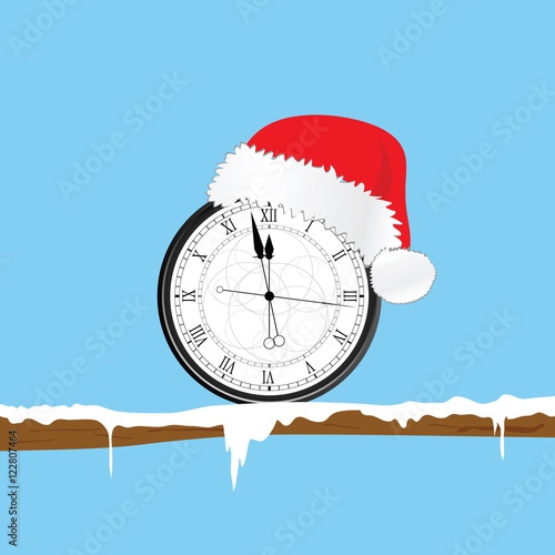 new year clock with christmas hat and snow illustration