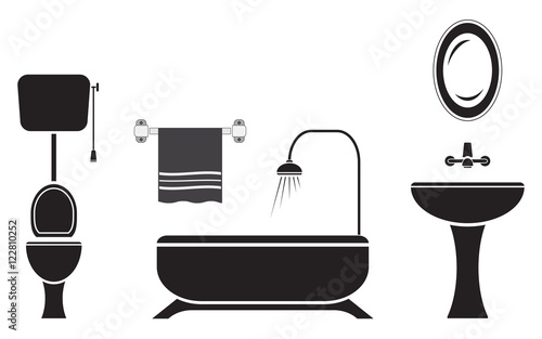Bathroom and toilet icons set, black isolated on white background, vector illustration.