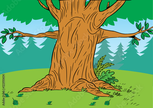 The illustration shows a portion of a large tree in a forest glade in a cartoon style