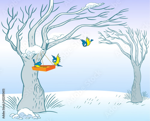 In the illustration, trees with bird feeder and tits on the background of a winter park in a cartoon style.