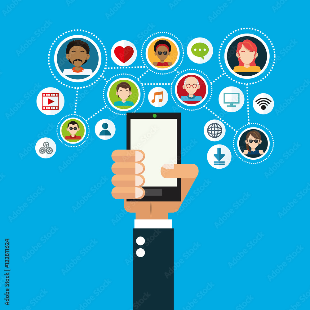 business hand holding cellphone with socia media related icons image vector illustration design business hand holding cellphone with socia media related icons image vector illustration design