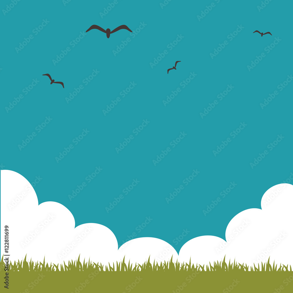Fototapeta premium blue sky with birds and green grass landscape background. vector illustration