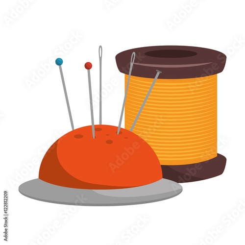 spool of thread and pincushion with pins and needle icon. vector illustration
