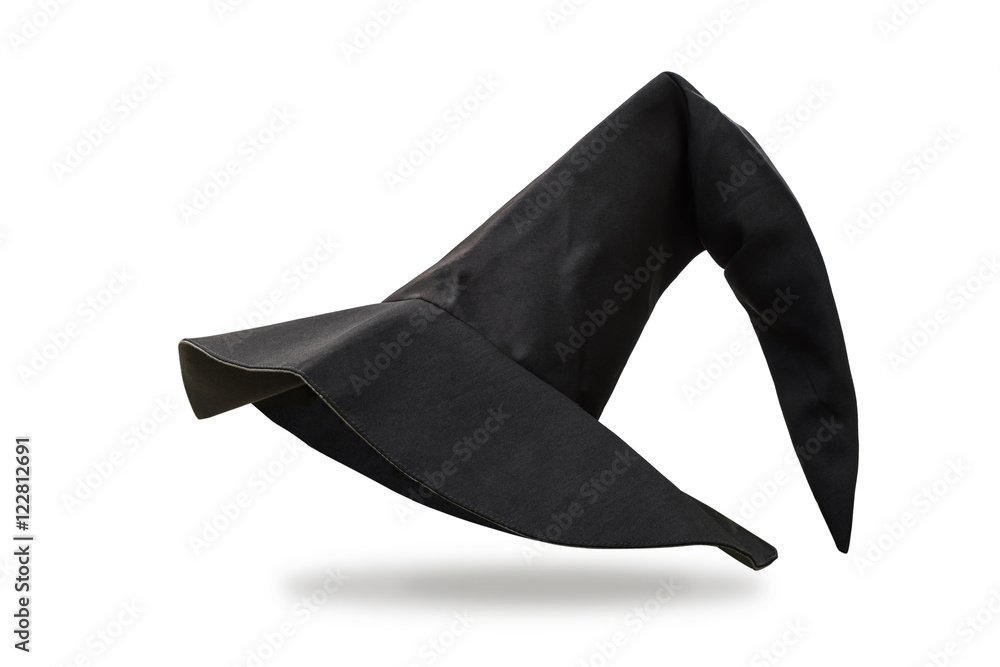Fototapeta premium Witch hat isolated on white background with clipping path: Wizard's black pointy hat head wearing costume for halloween character for seasonal autumn holiday party design decoration celebration