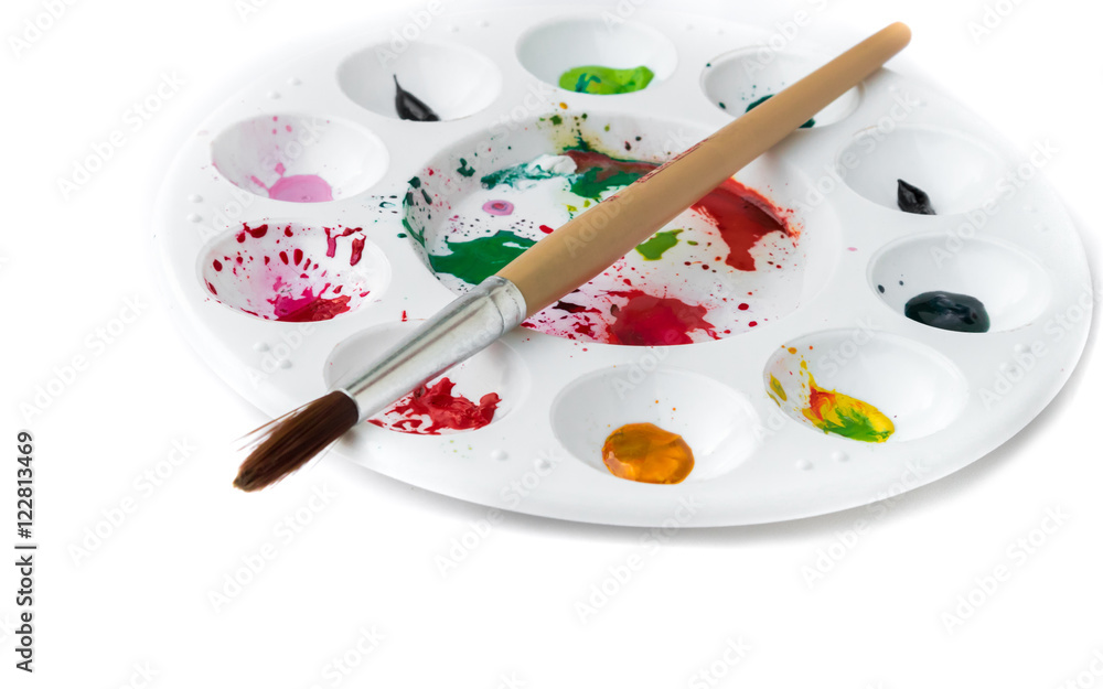 Closeup Paintbrush and Palette with watercolor, artist concept Closeup Paintbrush and Palette with watercolor, artist concept