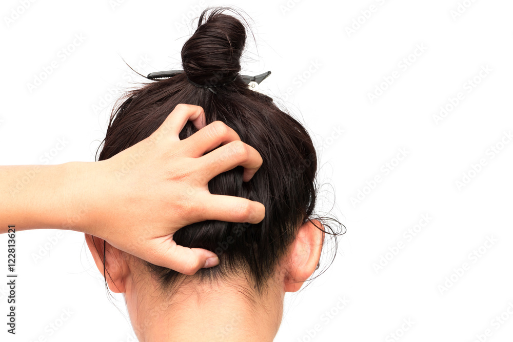 Closeup woman hand itchy scalp, Hair care concept Closeup woman hand itchy scalp, Hair care concept