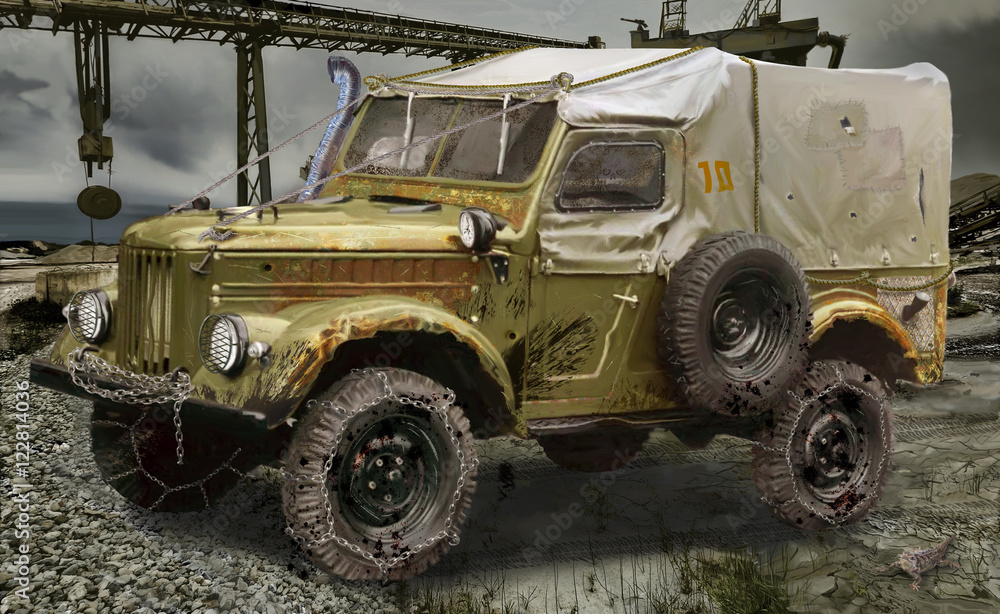 GAZ-69, car, dirt, crane, building, manufacturing, overcast, lizard, wheel, chain, rust, snorkel
