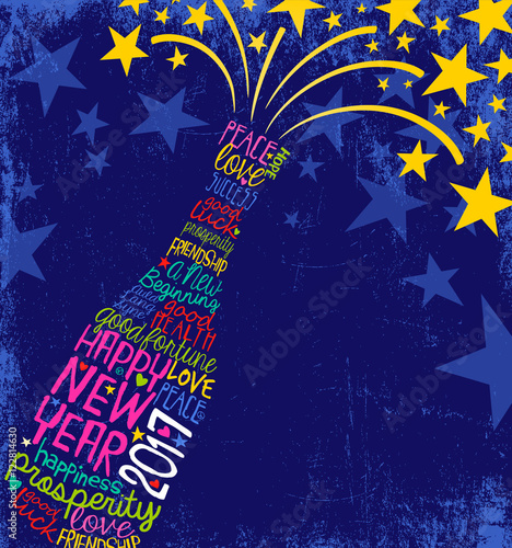 Happy New Year 2017 retro design. abstract champagne bottle bursting. inspiring handwritten words