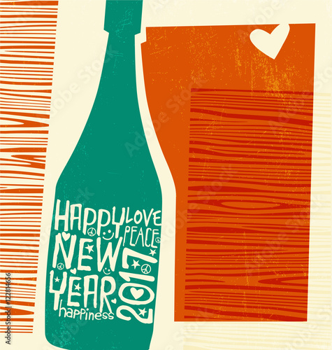Happy New Year 2017 retro design. abstract champagne bottle bursting. inspiring handwritten words