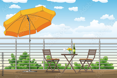 Illustration of a balcony, a terrace with tables and chairs