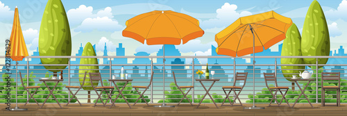 Illustration of a balcony, a terrace with tables and chairs