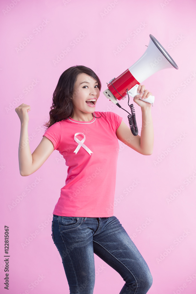 Happy woman hold microphone Happy woman hold microphone