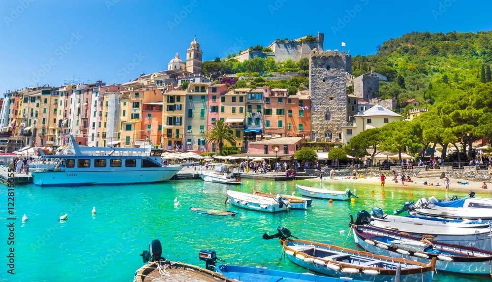 Portovenere harbor at boat, Cinque Terre National Park, Liguria, Italy