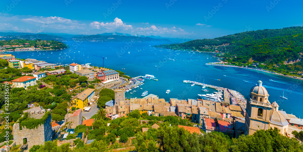 Panoramic view over  Portovenere harbor village, Cinque Terre National Park, Liguria, Italy