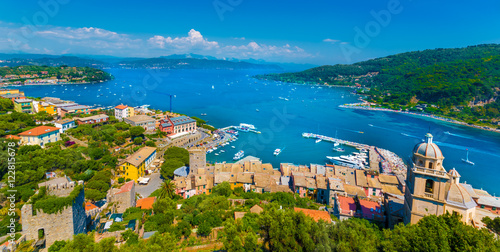 Panoramic view over Portovenere harbor village, Cinque Terre National Park, Liguria, Italy