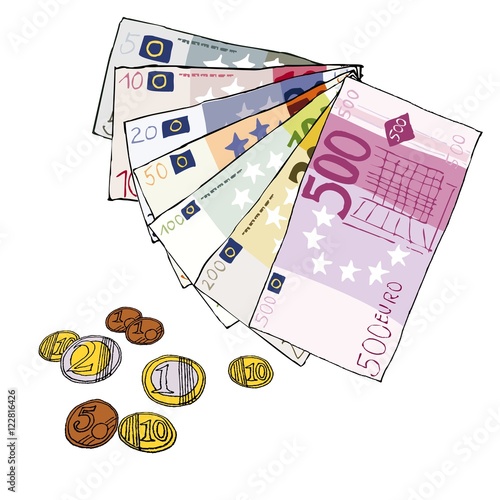 Wechselgeld Bargeld Scheine Münzen Euro - Comic von Hand gezeichnet
