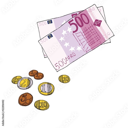 Wechselgeld Bargeld Scheine Münzen 500 Euro und Kleingeld - Comic von Hand gezeichnet
