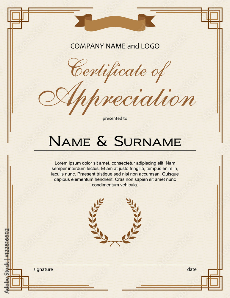 Certificate of Appreciation with laurel wreath and ribbon portrait ...