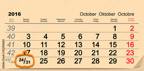 October 31 2016 Halloween. Date of wall calendar and pumpkin