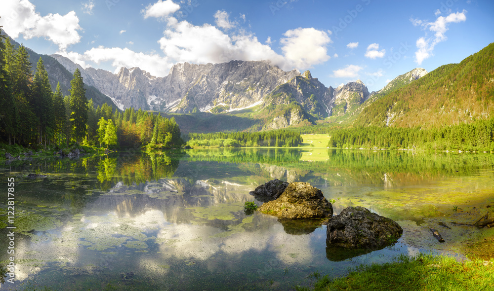 High resolution panorama of Laghi di fusine-mountain lake in the Italian Alps