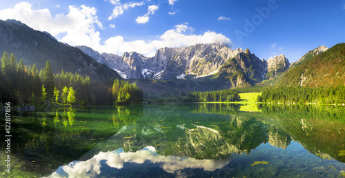 High resolution panorama of Laghi di fusine-mountain lake in the Italian Alps