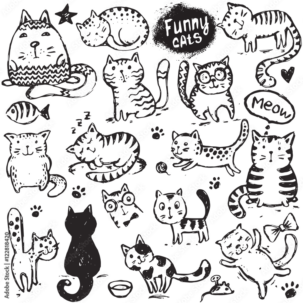 Set of hand draw funny cats in sketch style. Set of hand draw funny cats in sketch style.