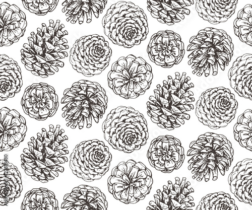 Seamless pattern with hand drawn pine cones.