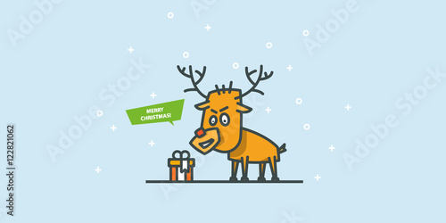 Merry Christmas greeting card with funny reindeer on a blue background. Outline vector illustration. © stivio5