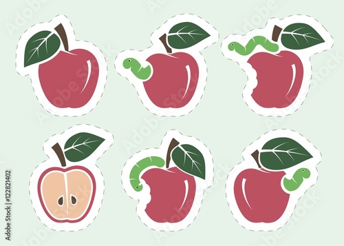 red apple and worm. set of color icons