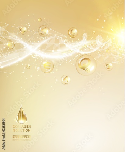 Scince illustration of a DNA molecule. Organic cosmetic and skin care cream. Skin care concept. UV Protection and whitening cream. Golden bubbles with letters over shining background.