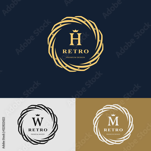 Emblem of the weaving circle. Monogram design elements, graceful template. Simple logo design Letter H, W, M for Royalty, business card, Boutique, Hotel, Heraldic, Web design. Vector illustration