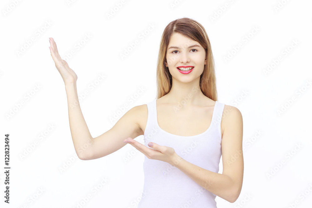 woman showing something on the palms of her hands woman showing something on the palms of her hands