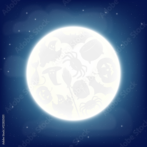 Full moon with Halloween characters silhouettes. Vector illustration.