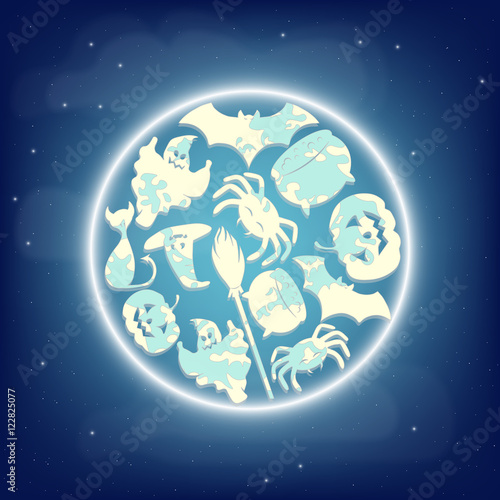 Full eclipse moon with Halloween characters silhouettes in camouflage coloring. Vector illustration.
