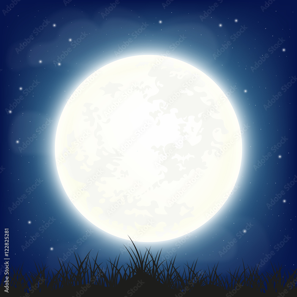 Big full moon on night sky, vector illustration.