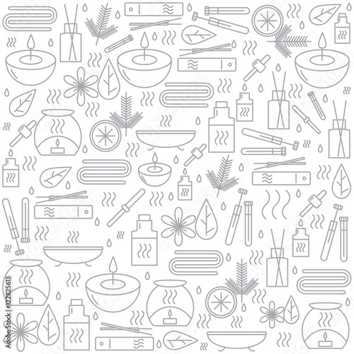 Aromatherapy. Background with icons for aromatherapy and relaxation. Pattern for design. Vector illustration.