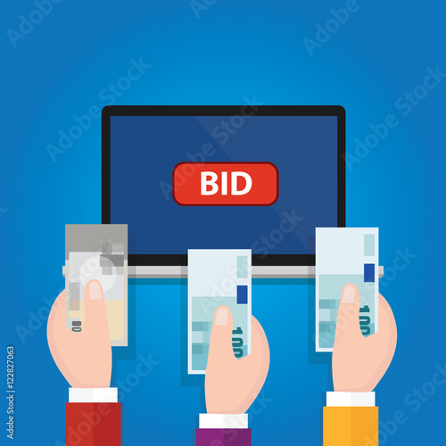 online bidding auction laptop bid button hand raised money cash
