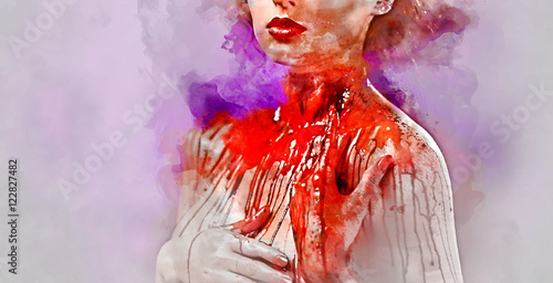 Young woman's body covered with a blood.  Digital watercolor pai