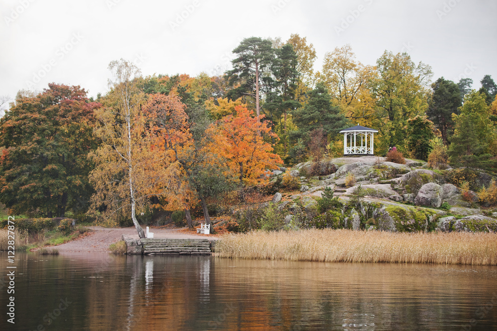 Gazebo in Monrepo (Mon Repos) manor Vyborg park. Autumn landscap