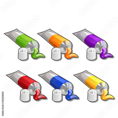 Tubes of paint, six different colors. Vector