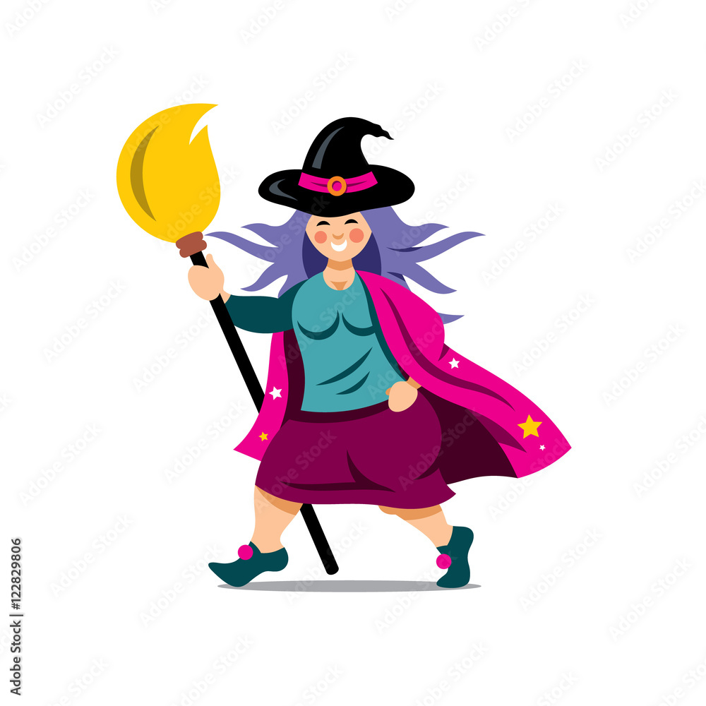 Vector Halloween Witch with broomstick Cartoon Illustration.