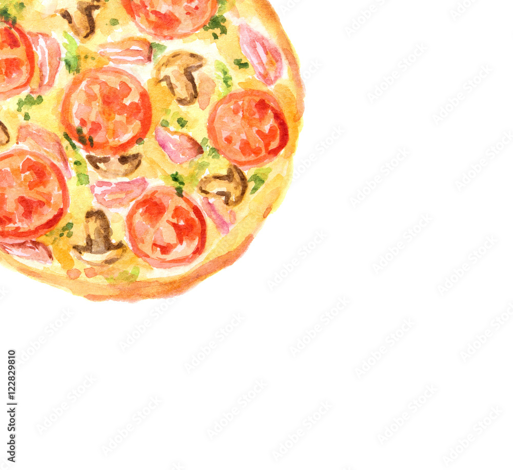 Isolated watercolor pizza on white background. Tasty italian snack or street food. Italian cuisine. Isolated watercolor pizza on white background. Tasty italian snack or street food. Italian cuisine.