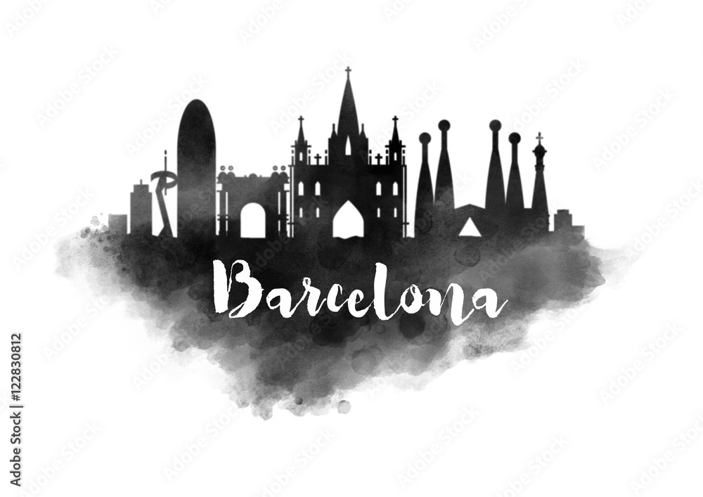 Watercolor Barcelona City Skyline