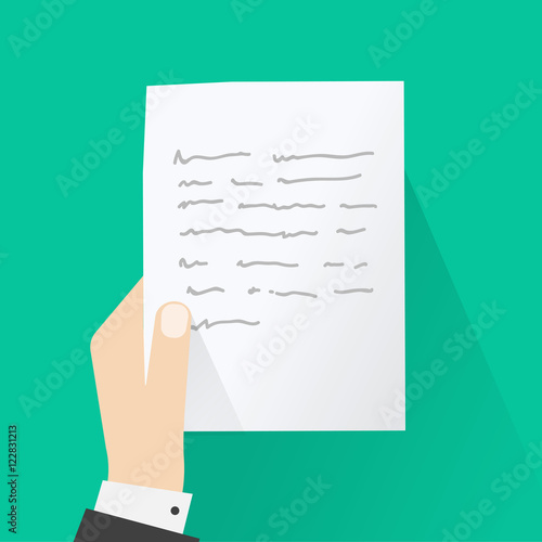 Hand holding letter with abstract text vector illustration, flat carton paper sheet in hand, concept of paper message, person reading page