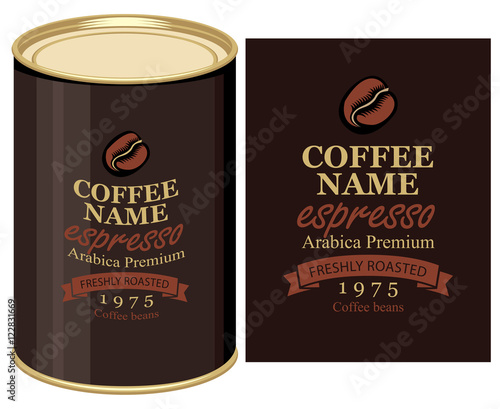 Vector illustration of a tin can with label of coffe beans
